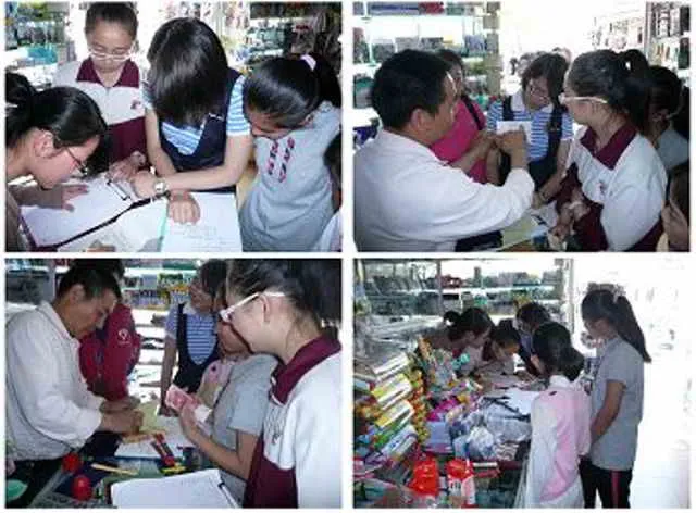 同学们监督老板开具物品清单并核对，老板介绍发票真伪，同学们很仔细地听着介绍