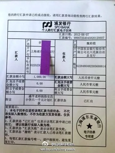 盛老师赞助安昌小学六一与父母手牵手千元计划赞助凭证