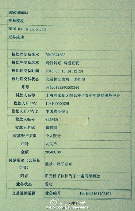 捐助王一诺同学第一部分20500元送达